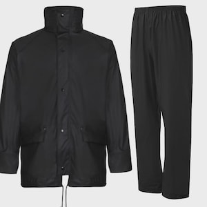 May include: Black rain suit set, featuring a jacket with a high collar, button closures, and two front pockets. The matching pants have an elastic waistband. This waterproof outerwear is designed for wet weather conditions.