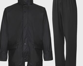 Men’s Work Waterproof Rain Jacket & Trouser Set – Black PU Tricot Windproof  ( Sizes S - 3XL )