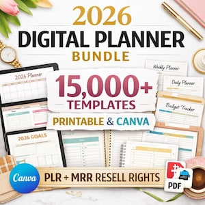 Può includere: Un pacchetto di planner digitale per il 2026, con oltre 15.000 modelli. L'immagine mostra vari layout di planner, tra cui tracker settimanali, giornalieri e di budget. Il pacchetto include opzioni stampabili e Canva, con diritti di rivendita PLR e MRR.