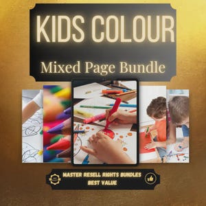 Può includere: Un tablet digitale mostra pagine da colorare per bambini con pastelli e pennarelli. Il testo "KIDS COLOUR Mixed Page Bundle" è in alto. L'immagine include anche il testo "MASTER RESELL RIGHTS BUNDLES BEST VALUE."