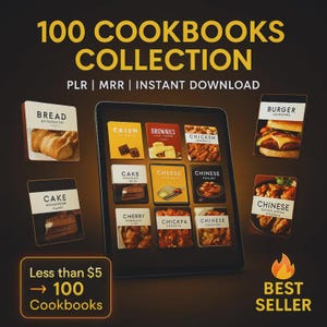 Può includere: Raccolta digitale di libri di cucina con il testo "100 Cookbooks Collection". L'immagine mostra un tablet con copertine di libri di cucina per pane, torte, brownies e altro. È visibile anche il testo "Meno di $5" e "Bestseller".