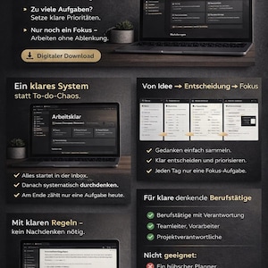 Könnte beinhalten: Werbebild für ein digitales Notion-Workspace-System. Das Bild zeigt zwei Laptops, die die Benutzeroberfläche des Systems anzeigen, mit Text auf Deutsch, der Funktionen wie Produktivitäts-Dashboards beschreibt. Das Design ist dunkel mit weißem Text.