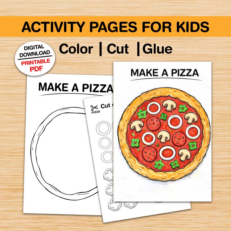 Pu&ograve; includere: Pagine di attivit&agrave; per bambini con il testo "Color | Cut | Glue". Le pagine includono una pagina da colorare "Make a Pizza", un foglio da ritagliare e un'illustrazione di pizza finita con condimenti. Download digitale, PDF stampabile.
