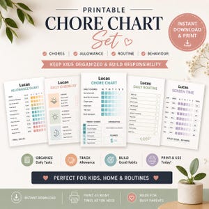 Printable Kids Chore Set, Daily Routine Chart, Allowance and Reward System