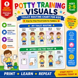 May include: A colorful potty training visual chart for kids, featuring a step-by-step guide. The chart includes illustrations of toilet routines, with text such as "Pants Down" and "Wash Hands." It is designed for ages 2-5 and is perfect for autism and special needs.