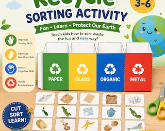 Attività di smistamento per il riciclo stampabile, gioco Montessori sui rifiuti (download digitale)