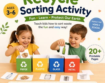Actividad imprimible de clasificación de materiales reciclables, juego Montessori sobre residuos (descarga digital)