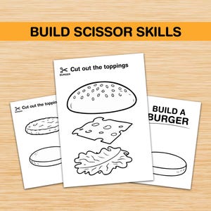 Pu&ograve; includere: Disegni a tratto in bianco e nero di componenti per hamburger su carta bianca. Il testo "BUILD SCISSOR SKILLS" &egrave; in alto. Sono visibili anche i testi "Cut out the toppings" e "BUILD A BURGER".