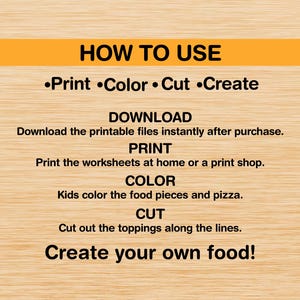 Pu&ograve; includere: Immagine con istruzioni su come utilizzare file stampabili. I passaggi includono la stampa, la colorazione, il taglio e la creazione. Il testo incoraggia gli utenti a creare il proprio cibo. Lo sfondo &egrave; un legno chiaro.