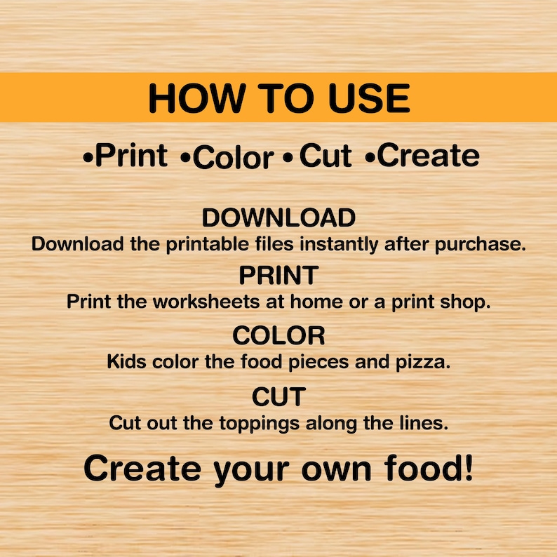 Pu&ograve; includere: Immagine con istruzioni su come utilizzare file stampabili. I passaggi includono la stampa, la colorazione, il taglio e la creazione. Il testo incoraggia gli utenti a creare il proprio cibo. Lo sfondo &egrave; un legno chiaro.