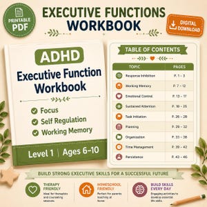 Może przedstawiać: ADHD Executive Function Workbook z zielono-białą okładką. Zeszyt zawiera sekcje dotyczące koncentracji, samoregulacji i pamięci roboczej. Jest przeznaczony dla dzieci w wieku 6-10 lat i zawiera spis treści z tematami takimi jak hamowanie reakcji.