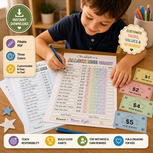 Könnte beinhalten: Ein Kind schreibt auf einer farbenfrohen Taschengeldtabelle mit Aufgaben und Werten. Die Tabelle enthält ein Belohnungsziel "Filmabend!" und wird von Spielgeld in den Stückelungen 1, 2, 4 und 5 Euro begleitet. Die Tabelle soll Verantwortung lehren.