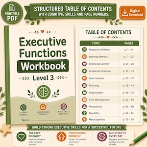 May include: A workbook titled "Executive Functions Workbook Level 3" with a table of contents. The cover is light green with a brain graphic. The workbook is designed to build strong executive skills for a successful future.