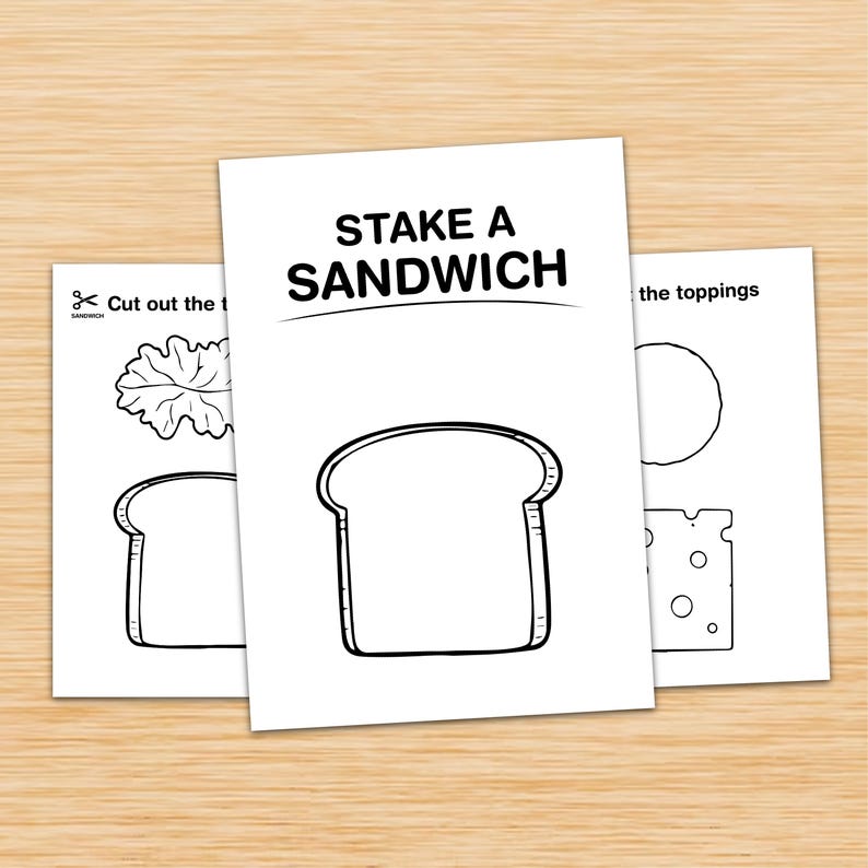 Pu&ograve; includere: Tre fogli di carta bianca con disegni a tratto nero per un'attivit&agrave; di preparazione di panini. Il foglio centrale recita "Stake a Sandwich" sopra un'illustrazione di fetta di pane. Altri fogli mostrano lattuga, formaggio e un cerchio.