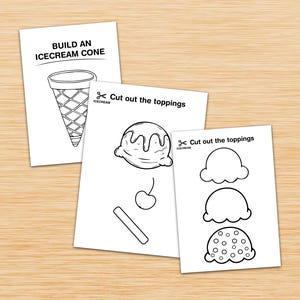 Pu&ograve; includere: Tre fogli di carta bianchi con disegni a tratto nero di coni gelato e guarnizioni. Un foglio recita "Build an Icecream Cone" con un'illustrazione del cono. Gli altri due fogli dicono "Cut out the toppings" con palline di gelato, una ciliegia e una cialda.