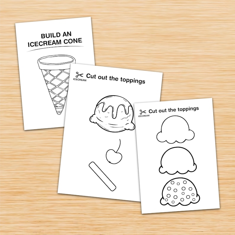 Pu&ograve; includere: Tre fogli di carta bianchi con disegni a tratto nero di coni gelato e guarnizioni. Un foglio recita "Build an Icecream Cone" con un'illustrazione del cono. Gli altri due fogli dicono "Cut out the toppings" con palline di gelato, una ciliegia e una cialda.