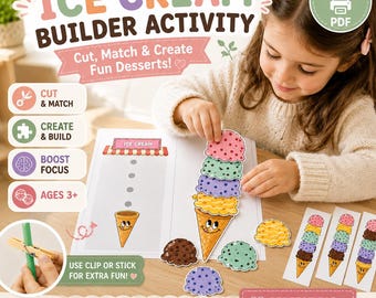 Attività di costruzione di gelati, gioco di abbinamento per la scuola materna, libro interattivo per lo sviluppo della motricità fine (download digitale)