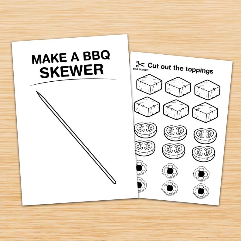 Pu&ograve; includere: Due fogli di carta bianchi con disegni a tratto nero e testo. Un foglio dice "MAKE A BBQ SKEWER" e ha un disegno di uno spiedino. L'altro foglio dice "Cut out the toppings" e ha disegni di condimenti.