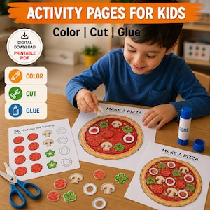 May include: Activity pages for kids with instructions to color, cut, and glue. The image shows a child assembling a pizza with cut-out toppings. The text on the page says "Make a Pizza". Includes scissors, glue, and printable PDF.