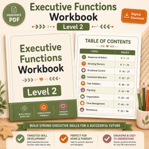 May include: A workbook titled "Executive Functions Workbook Level 2" with a green and white cover. The table of contents lists topics like working memory and emotional control. A digital download icon is in the upper right corner. Coloured pencils are in a small white cup.