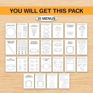 Pu&ograve; includere: Un set di 10 schede menu con illustrazioni di cibo, tra cui pizza, coni gelato e hamburger. Il testo "YOU WILL GET THIS PACK" e "10 MENUS" sono in alto. Ogni scheda ha il testo "Cut out the toppings".