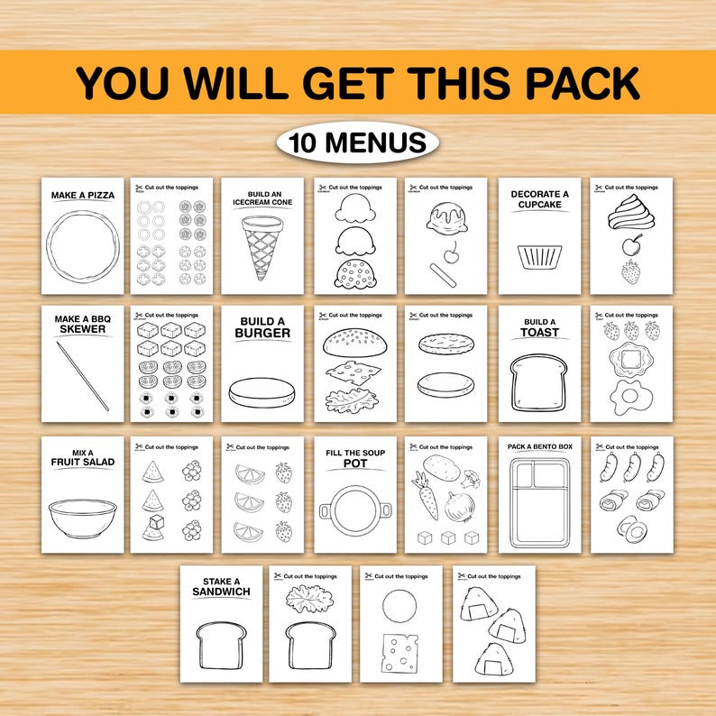 Pu&ograve; includere: Un set di 10 schede menu con illustrazioni di cibo, tra cui pizza, coni gelato e hamburger. Il testo "YOU WILL GET THIS PACK" e "10 MENUS" sono in alto. Ogni scheda ha il testo "Cut out the toppings".