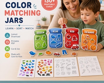Barattoli colorati stampabili, gioco di abbinamento colori per bambini piccoli, attività di smistamento Montessori, apprendimento della motricità fine in età prescolare