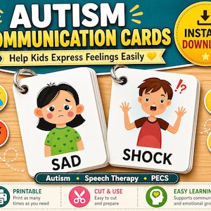 May include: A set of Autism Communication Cards with the text "AUTISM COMMUNICATION CARDS" and "Help Kids Express Feelings Easily". The cards feature illustrations of children expressing emotions like sadness and shock. Includes icons for printable, cut & use, and easy learning.