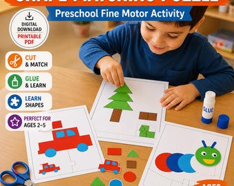 Puzzle di abbinamento di forme per la scuola materna, attività stampabile per la motricità fine, gioco educativo per bambini piccoli, libro per bambini