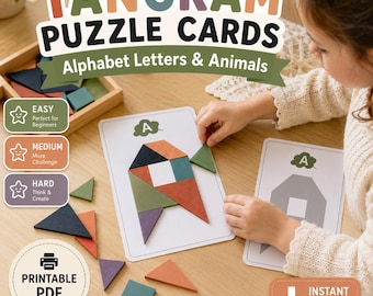 Karty z układankami Tangram, gra polegająca na dopasowywaniu zwierząt do alfabetu, książeczka dla przedszkolaków (do pobrania w formacie PDF)