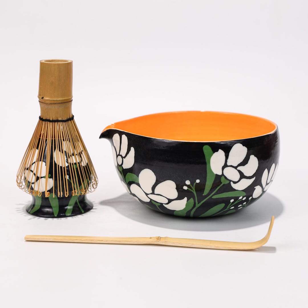 Midnight Garden Floral Matcha Set Black Orange Chawan Bamboo Whisk ...