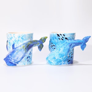 Fantasivalmugg 3D-stjärthandtag Keramikkaffekopp Akvarell Havskonst Knölvalsmugg Havsliv Köksdekor Gåva till Simmare