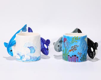 Taza de orca y delfín con diseño de arrecife de coral, asas de animales en 3D, hecha a mano, de cerámica, para té tropical oceánico, decoración de guardería, regalo para niños