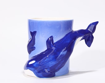 Handmade 3D Blue Whale Mug Ocean Animal Coffee Cup Sculpted Tail Handle Ceramic Tea Cup Marine Life Gift Underglaze Pottery Art