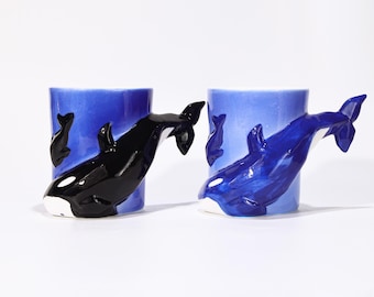Taza de cerámica con forma de ballena en 3D, taza de café con asa de animal, hecha a mano, taza de té azul marino, decoración náutica para cocina, regalo de vida marina para amantes del buceo.