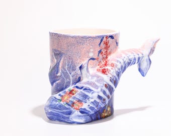 Handmade 3D Whale Mug Underglaze Ceramic Coffee Cup Pink Blue Sakura Floral Art Pottery Humpback Sculpture Unique Ocean Lover Gift Tea Art