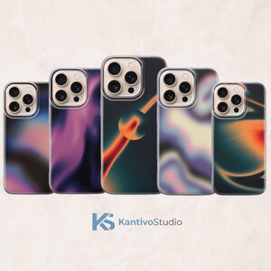 May include: Five phone cases with abstract designs in a row. The cases feature a variety of colours, including purple, orange, and teal, with a clear border. The cases showcase different artistic patterns.