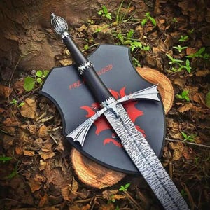 May include: A sword with a patterned metal blade, a black handle, and a silver pommel resting on a black shield-shaped plaque. The plaque features a red dragon graphic and the text FIRE AND BLOOD printed in red letters on its surface.