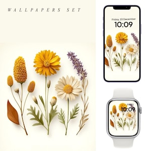 iPhone-bakgrund med vildblommor och Apple Watch-urtavla (digital nedladdning)