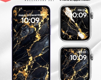May include: A digital wallpaper set featuring a black and gold marble design for iPhone and Apple Watch. The phone and watch displays show the date and time. The text "Black Gold Marble Wallpapers Set" is at the top. The image includes the text "2 Designs" and "2 Matching High Resolution 300 DPI (PNG, JPG) Instant Download."