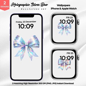 以下が含まれることがあります： iPhoneとApple Watch用のホログラフィックシルバーリボンデザインのデジタル壁紙セット。携帯電話には時間と日付が表示され、時計の文字盤にも同じリボンデザインが施されています。テキストは「Holographic Silver Bow」と表示されています。