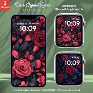 Pode incluir: Um conjunto de papéis de parede digitais com um design floral escuro de rosas vermelhas e folhas cinza escuro. O conjunto inclui designs para iPhone e Apple Watch, mostrando a data e a hora. O texto diz "Dark Elegant Roses" e "Wallpapers Set".