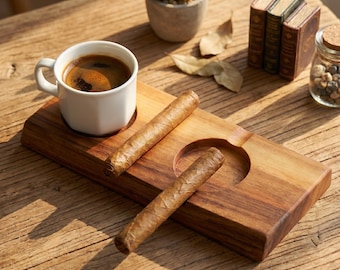 Soporte para puros y portavasos de whisky de nogal, bandeja de café de madera, posavasos de madera maciza, tabla para fumar puros.