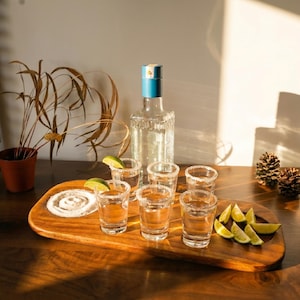 May include: A clear glass bottle with a blue and white cap, alongside six shot glasses with salt rims, lime wedges, and a wooden serving tray. The tray also holds a swirl of salt. A small potted plant and pinecones are in the background.