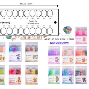 May include: An assortment of acrylic gel pens in various colors, displayed in boxes. The image includes a color chart with 60 new colors, and the text "ACRYLIC GEL PEN - 1.0MM 100 COLORS". The color chart measures 5.75 inches wide and 2.375 inches high.