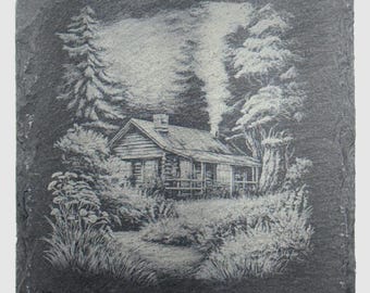 Forest Cabin Retreat Slate Coaster – Rustic Woodland Home Scene
