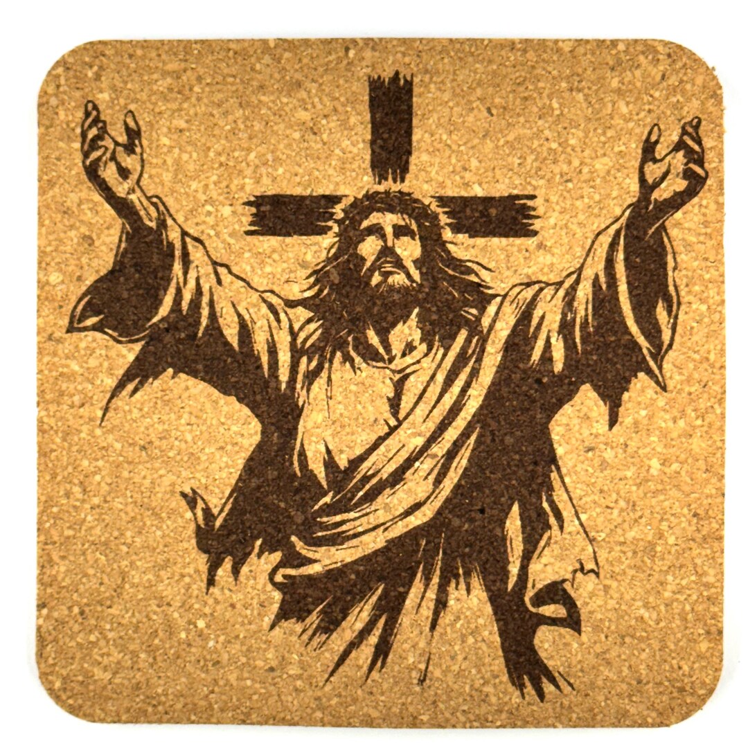 Risen Christ Coaster, Jesus With Cross Engraved Cork Coaster Christian ...