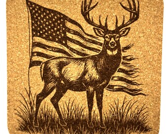 Patriotic Buck Deer Cork Coaster with American Flag