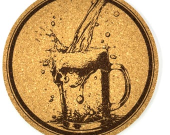 The Perfect Beer Pour Cork Coaster with Frothy Mug Splash Design