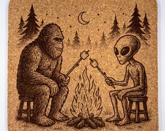 Bigfoot and Alien Campfire – Cork Coaster